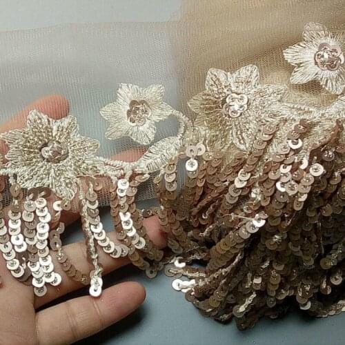 2 Yard Champagne Sequins Tassel Fringe Mesh Lace Fabric Trim Ribbon Embroidered Sewing On Accessories Dress Party Craft