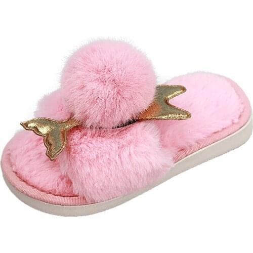 2020 Children Cotton Slippers Girls Winter Fur Indoor Anti-skid Cartoon Cute Plush Hair Ball Home Slippers Baby Boys Flip Flops