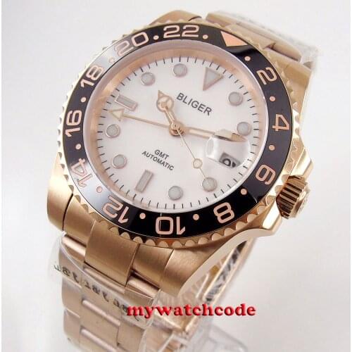 40mm bliger white dial ceramic bezel sapphire glass GMT automatic mens watch 420