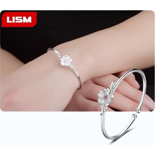 Pink White Cherry Blossom Bracelet Opening bracelets & Bangle for Women Chinese Elements Bijoux