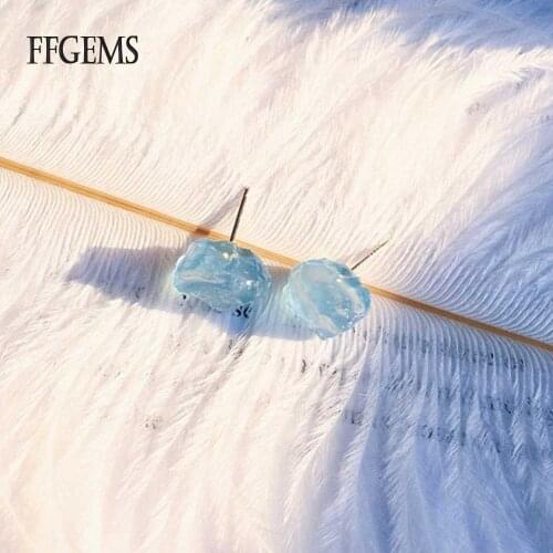 FFGEMS Natural Aquamarine Raw stone certificate Blue sapphire simple silver earring Fine Jewelry for Women Wedding Party Gift