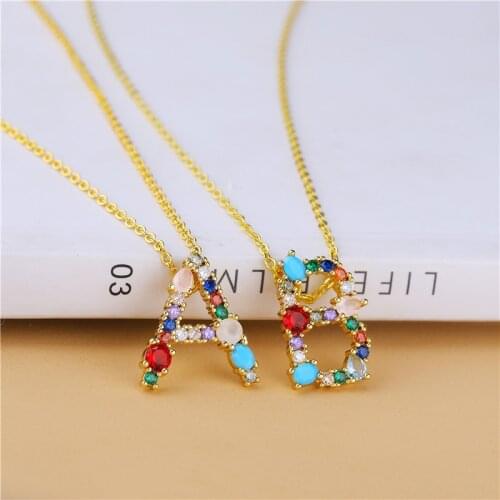 JUWANG Vintage Multicolor 26 Gold Alphabet Letter Initial Necklace Micro Pave Zircon letter Charm Necklaces For Women Jewelry