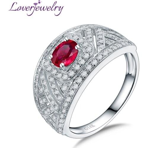 LOVERJEWELRY Red Ruby Rings Real 14KT White Gold Anniversary Jewelry Natural Ruby Shinning Diamonds Ring For Women