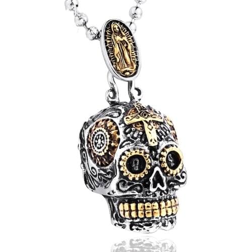 Mexican Large Sugar Skull Green Crystal Pendant Necklace Vintage Gold Silver Color Punk Biker Necklaces for Women Men Jewelry