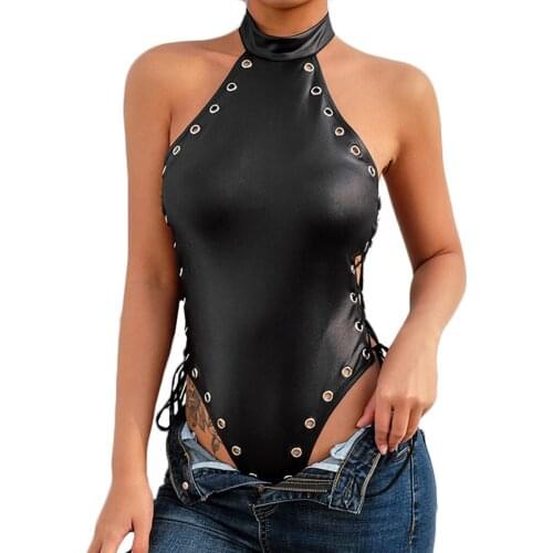 Fashion Women Sexy Rivet One-piece Blackless Bodysuit Jumpsuit Teddy Lingerie body stockings for women sexy leather lingerie
