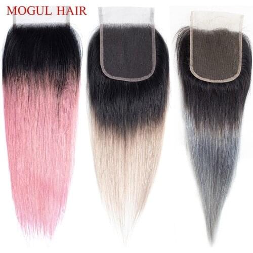 MOGUL HAIR 4*4 Lace Closure T 1B Grey Pink Ombre Remy Human Hair Brazilian Straight Hair Free Middle Part Closure 10 12 14 inch