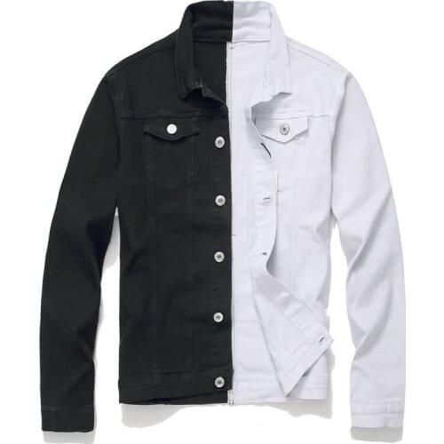 Men Streetwear Black white Two-tone Patchwork Slim Fit Jean Jackets motorcycle man Hip hop Cotton Casual Denim Jackets coats