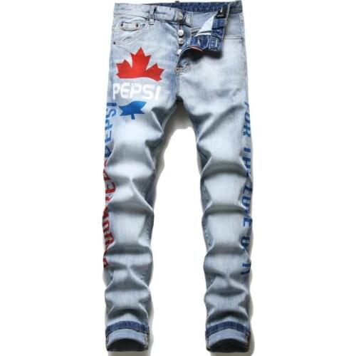 Mens jeans printed autumn winter pantalon homme new cat beard white light blue trousers slim stretch tight beggar pants