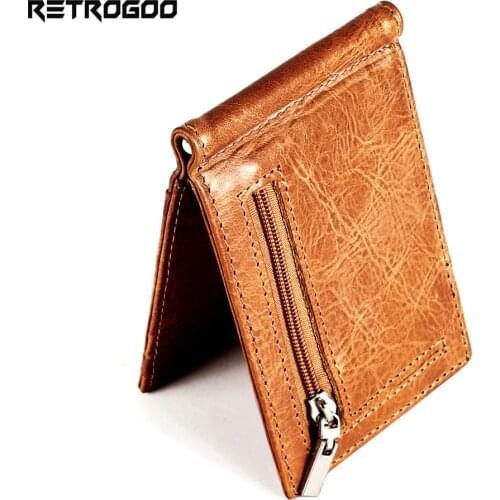 RETROGOO Male Genuine Leather Design Fashion Slim Money Clip Zipper Coin Pocket Men Wallet RFID Blocking Mini Purse Money Bag