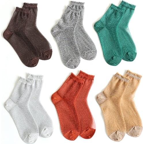 Thin Lace Breathable Womens Socks Shiny Trendy Girls Glitter Ankles Socks Spring Summer Gauze Transparent Lady Soft Comfortable
