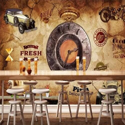 Custom 3d wallpaper European retro industrial wind stereo clock bar coffee shop background wall