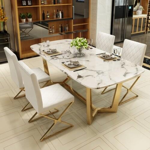 Post modern light luxury simple Nordic marble dining table creative large and small family stainless steel gilded dining table