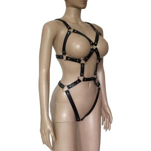 Sexy Womens Buckle Up Faux Leather Strappy Bodysuit Body Harness Open Cup Teddy Hen Party Fetish Costume