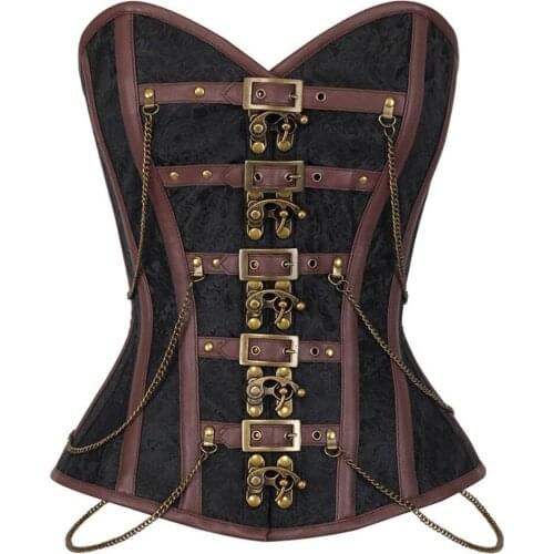 Sexy Womens Steampunk Faux Leather Spiral Steel Boned Tight Lacing Corset Top Overbust Buckle up Bustier with Chain