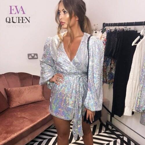 EvaQueen Silver Solid Sequin Party Dresses Women Sexy Deep V Neck Long Sleeves Club Bodycon Dress Wrap Bandage Autumn Mini Dress