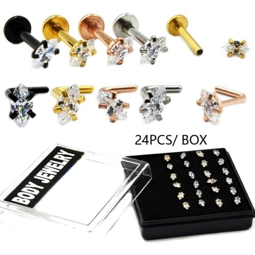 Showlove-24Pcs/Box Stainless Steel Marquise Gem Straight Nose Screw Nose Stud Ring Labret Cartilage Earring Ear Piercing Jewelry