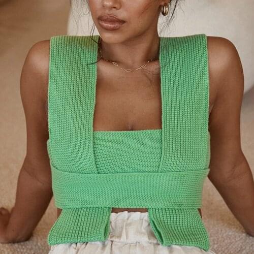 Knitted Tank Top Women Backless Tie up V Neck Low Cut Patchwork Hollow out Crop Tops Ladies Sweater Vest Sexy Streetwear