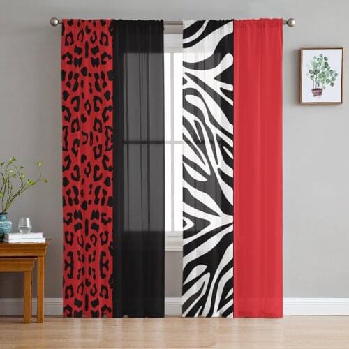 Zebra Print Leopard Red Black Tulle Window Curtain for Living Room Modern Sheer Curtain for Bedroom Kitchen Drapes Custom