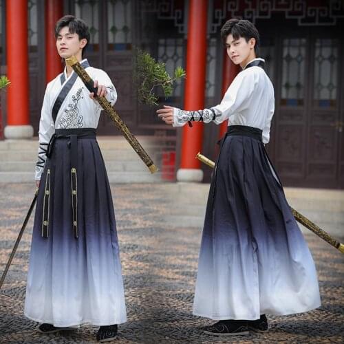 Oriental Chinese Traditional Hanfu Dress Men Gradient Black Embroidery Ancient Folk Stage Suit Swordsman Costume Outfits