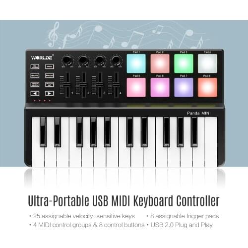 WORLDE Panda MINI MIDI Controller 25-Key Ultra-Portable USB MIDI Keyboard Controller 8 Colorful Backlit Trigger Pads