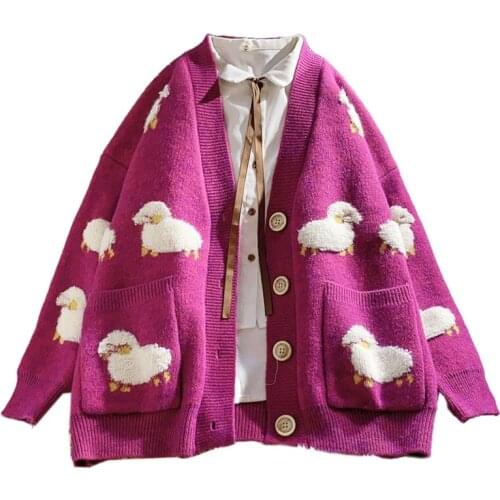 Women Long Sleeve Knit Loose Cardigan Cartoon Sheep V-Neck Button Sweater Coat