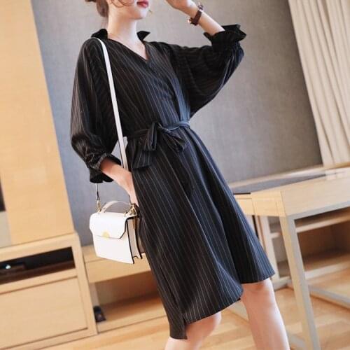 Striped Shirt Summer Plus Size Loose Waist Turn-down Collar Petal Sleeve A-LINE Belt Dresses for Women X609