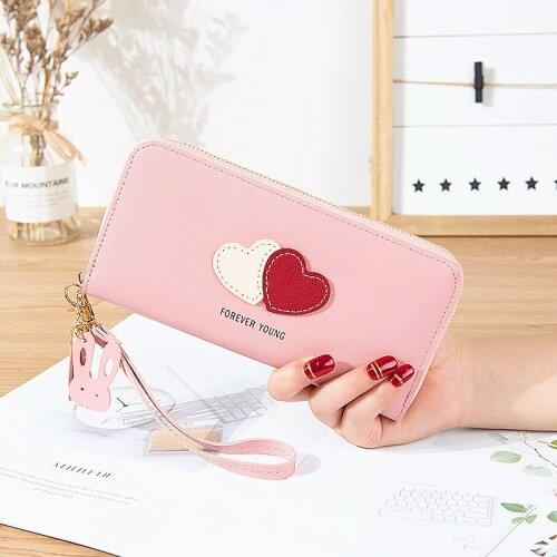 Women Long Color Contrast Heart Wallets Female Tassel Pu Leather Zipper Coin Purse Ladies Wristband Card Holder Clutch Money Bag