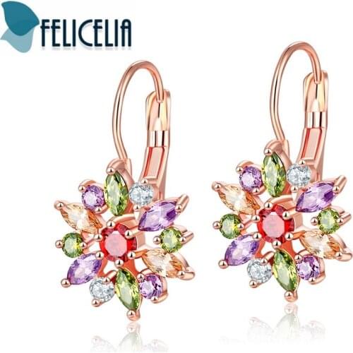 Felicelia Exquisite Rose Gold Color Women Earrings With Cubic Zirconia Crystal Cute Flower Wedding Earrings Jewelry