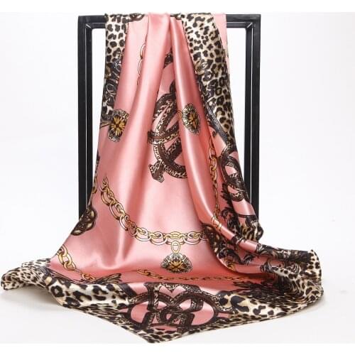 Hijab Head Scarf Women Fashion Leopard Chain Print Satin Square Scarves Autumn Genuine Silk Scarves Foulard Shawls Wraps 90*90cm