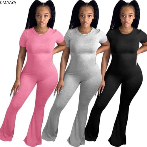 CM.YAYA Women Solid O-neck Short Sleeve Classic Fashion Boot Cut Jumpsuit Bellbottoms One Piece Overalls Wide Leg Flare Romper