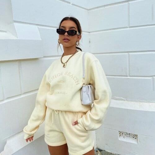 FUFUCAILLM 2021 New Casual Style Sets Women Embroidered Letter Pattern Round Neck Sweater + Drawstring Pocket Shorts Tracksuits