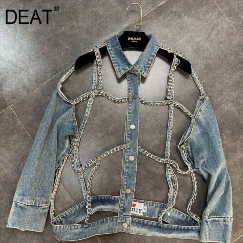 DEAT Women Personalized Fashion Metal Chain Holloe Out Backless Denim Coat New Long Sleeve Fashion Spring Summer 2021 11D691