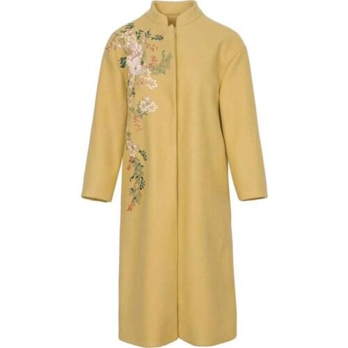 Wool Long Coats 2020 Autumn Winter Brand Women Luxurious Embroidery Covered Button Long Sleeve Warm Wool Blend Coats Outwear XXL