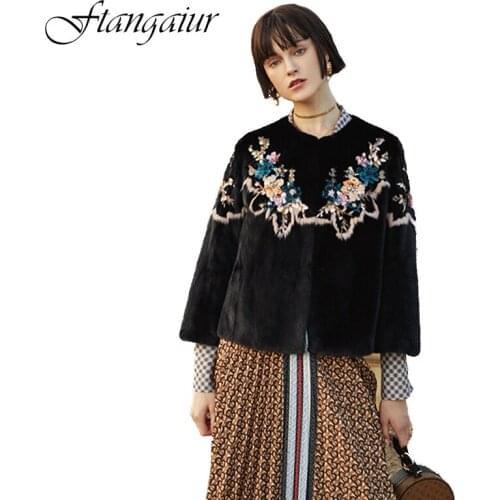 Ftangaiur 2019 Winter Import Velvet Mink Coat Three Quarter Sleeve Beading Natural Fur Coat Womens Short Real Mink Fur Coats