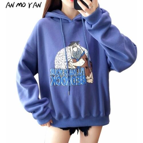 Winter New Style Korean Loose Blouse Plus Velvet Womens Sweatshirt Fashion Cartoon Anime Print Harajuku Pullover Hoodie