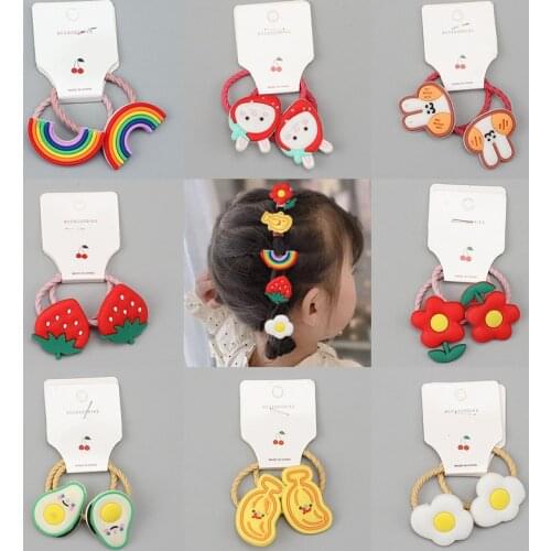 2 Pcs/Set Elasticity Hair Band Hair Accessories Girls Rubber Bands Hair Tie Vute Rainbow Fruit Headband Kids Ponytail Headdress