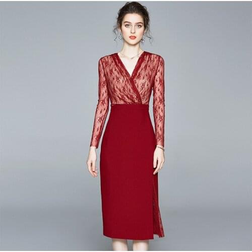 2020 spring new elegant womens hip pack dress V-Neck long sleeve patchwork lace sheath dresses