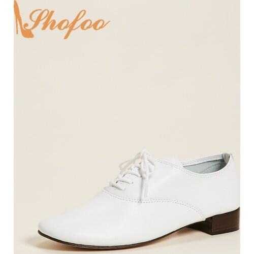 White Round Toe Pumps Lace-Up At Top Woman Low Chunky Heels Large Size 13 14 Ladies Autumn Fashion Casual Mature Shoes Shofoo