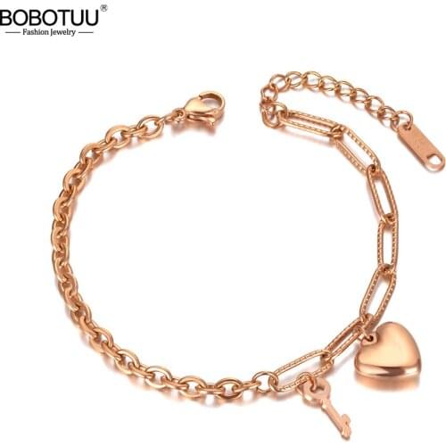 BOBOTUU Stainless Steel Key & Heart Charm Bracelets For Women Girl Bohemia Rose Gold Chain & Link Bracelet Jewelry BB20067