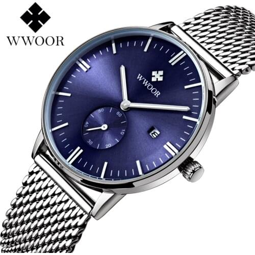 Relogio masculino WWOOR Watch Men Top Luxury Blue Mens Watches Steel Mesh Strap Waterproof Quartz Clock Male relojes hombre 2020