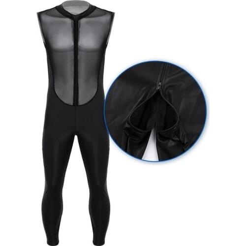 Black Men Leather and Mesh Catsuit Jumpsuit See Through Top Open Crotch Zipper Sleeveless Wet Look Bodysuit Gay Fetish Costume
