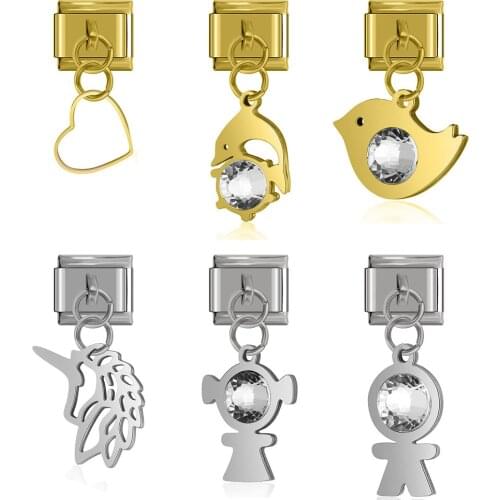 Hapiship Original Daisy Heart Dolphins Birds Boy Girl Unicorn Charm Link Fit 9mm Bracelet Stainless Steel Jewelry Making DJ017