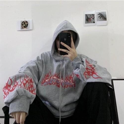 HOUZHOU Harajuku Oversized Gray Hoodies Women Autumn Winter Gothic Black Sweatshirt Couple Korean Style Pullovers Streetwear