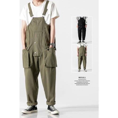 Idopy Men`s Denim Bib Overalls Loose Fit Baggy Street Hip Hop Japanese Style Suspender Pants