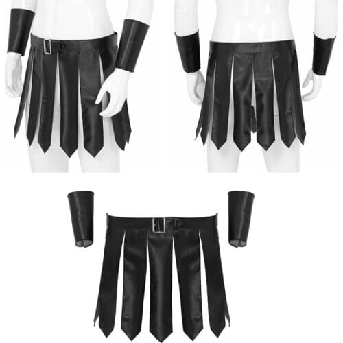 Black Men Adults PU Leather Roman Gladiator Costume Suits High Waist Gladiator Skirts with Adjustable Belt and Wristbands