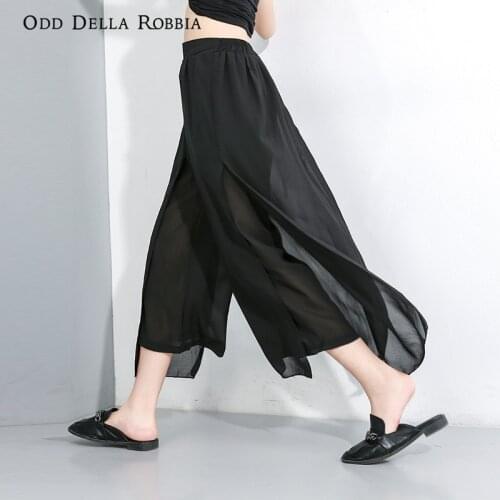 OddDellaRobbia Summer New Japanese Splicing Chiffon Wide-Leg Pants Streetwear Casual Fake Two-Piece Nine-Point Pants Women 87011
