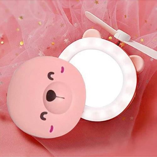 Cartoon Cute Piggy Mini Cosmetic Mirror Compact Portable Pocket Makeup Mirrors Cooling Fan Light Handheld USB Rechargeable