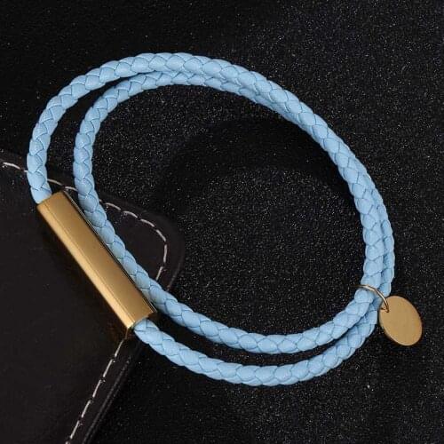 Fashion Simple Jewelry Blue Double Leather Rope Bracelet for Women Men Stainless Steel Magnetic Buckle Couples Bracelets SP0705