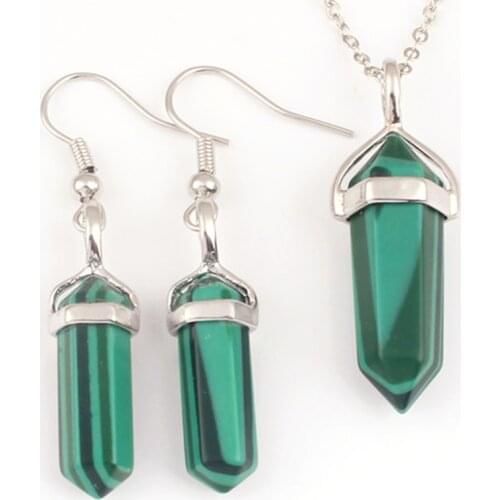 Trendy-beads Silver Plated Hexagon Necklace Malachite Stone Earrings Simple Style Jewelry Sets