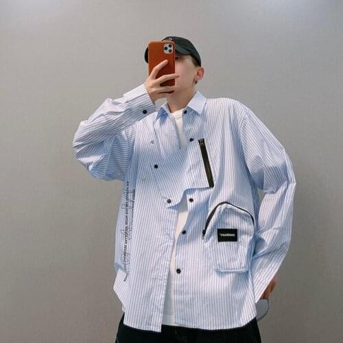 Mens Casual Cotton Long Sleeve Shirt Striped Loose Safari Style Blue Black Pockets Top N10